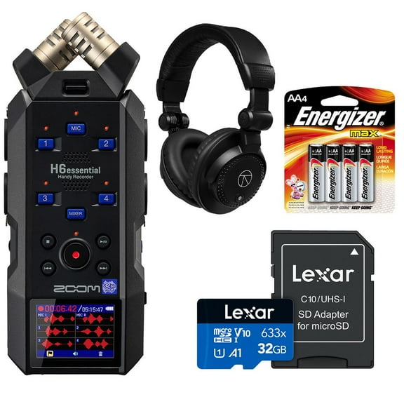 Zoom H6essential 6-Track 32-Bit Float Handy Recorder Bundle with Turnstile Audio TAPH100 Closed-Back Studio Monitor Headphones, 32GB Memory Card and Energizer AAA 1.5V Ultimate Lithium Battery,