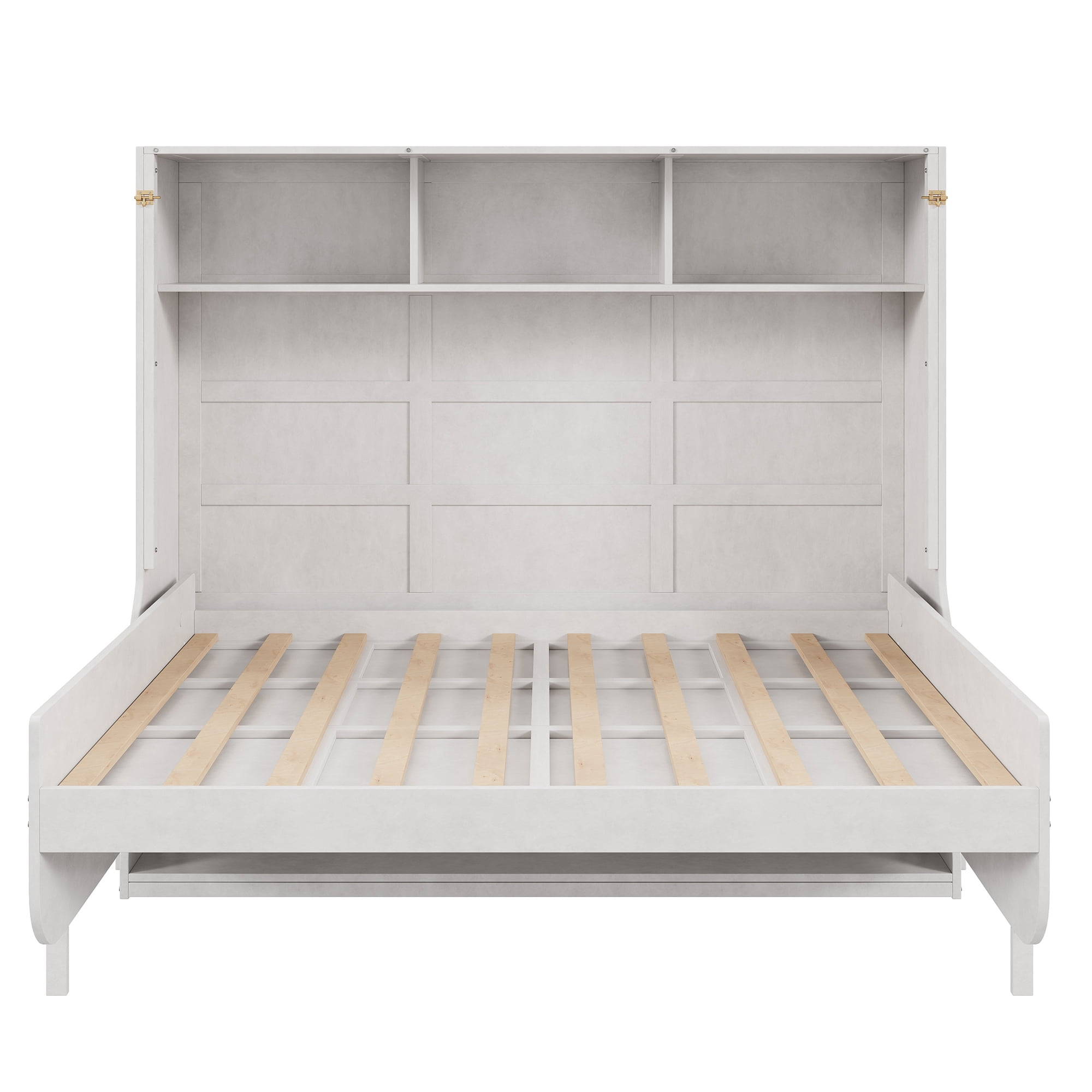 Euroco Wood Full Size Murphy Bed with Desk, Cabinet Bed with Shelves, Antique White