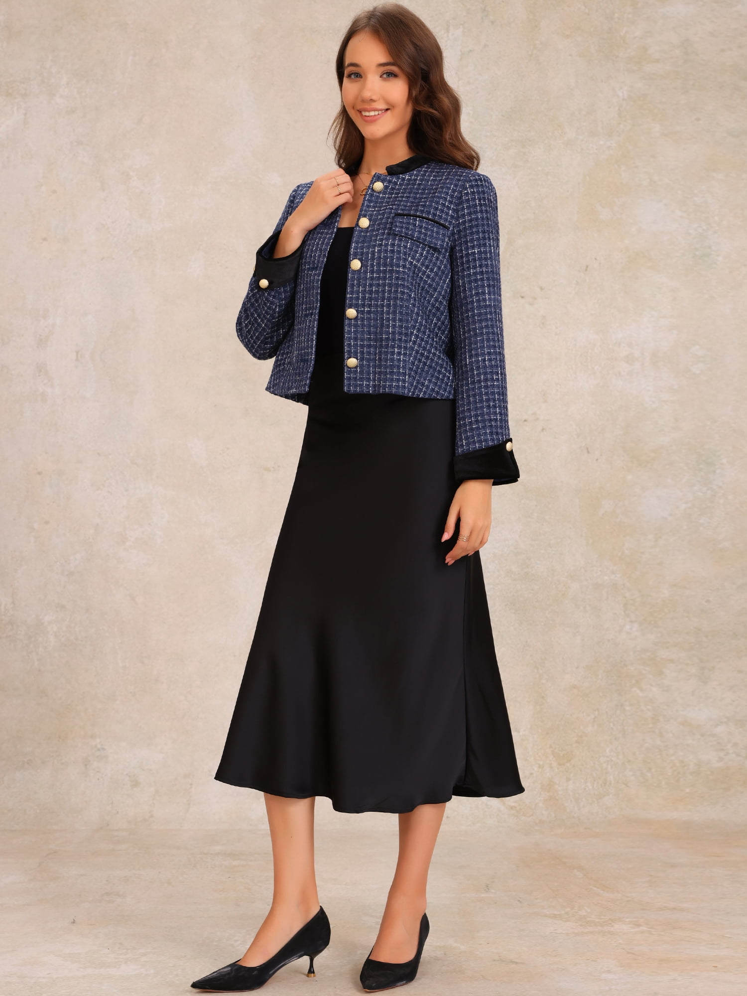 DARING DIVA Tweed Blazer Vintage Button Work Office Short Jacket M Blue