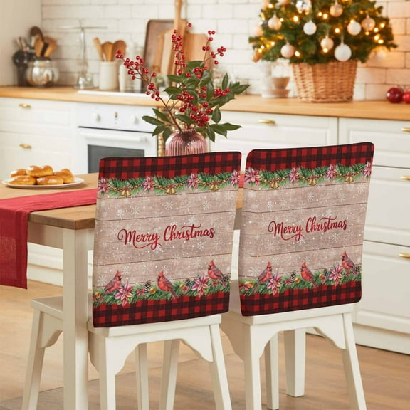 Merry Christmas Chair Covers Set of 4 Cardinal Poinsettia Bell Winter Red Plaid Chair Back Covers Stretch Removable Washable Slipcovers Protector for Dining Room Kitchen Party Decor