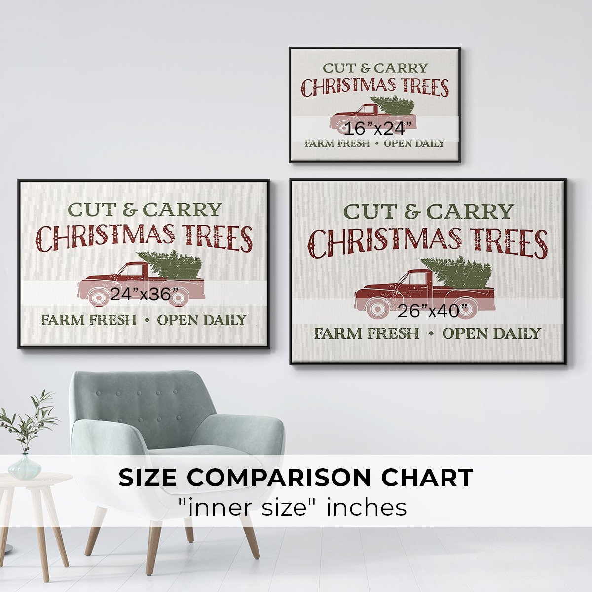Christmas Farm Sign II - Framed Gallery Wrapped Holiday Canvas - 17 x 25 - Black Frame