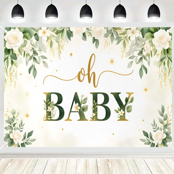 Oh Baby Green Floral Backdrop, White Rose and Gold Glitter Photography Background, Neutral Baby Shower Party Banner, Photo Booth Decor 16x24in