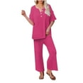 thumbnail image 1 of Timegard Ensemble 2 Pcs pour Femmes Col en V Cranté Bouton Manches 1/2 Haut Pantalon Large Ensemble Décontracté Ample, 1 of 7