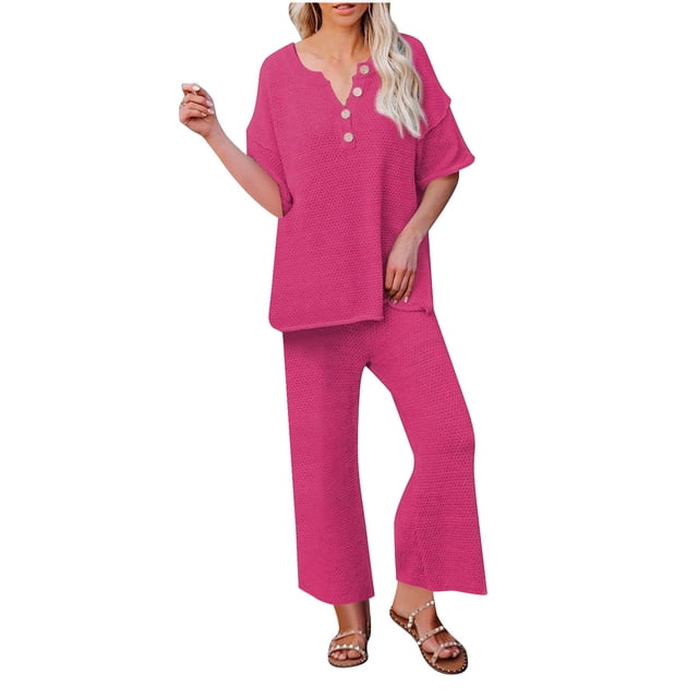 Timegard Ensemble 2 Pcs pour Femmes Col en V Cranté Bouton Manches 1/2 Haut Pantalon Large Ensemble Décontracté Ample