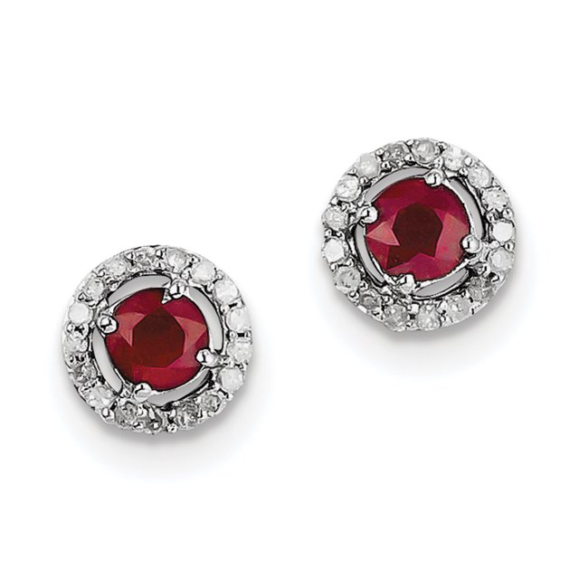 Sterling Silver Rhodium Diamond & Glass Filled Ruby Circle Post Earrings QE10105R