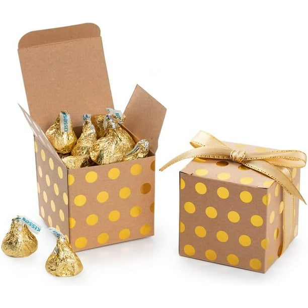 Kraft Gift Candy Box with Gold Dots Bulk 2x2x2 inches with Ribbon Party ...