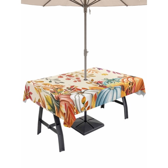 Outdoor Tablecloth with Umbrella Hole and Zipper, Orange Fall Rectangle Table Cloth 54x80 Inch Waterproof Tablecloth, Thanksgiving Orange Blue Pumpkins Botanical Picnic Table Cover for Patio Camping