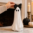 thumbnail image 5 of Large Ghost with Bow Tabletop Decoration, 10" Black and White Halloween Ghost Figurine, Sculpted Ghost with Black Bow and Eyelash Decor for Mantel Shelf Entryway Table Party Display, 5 of 7