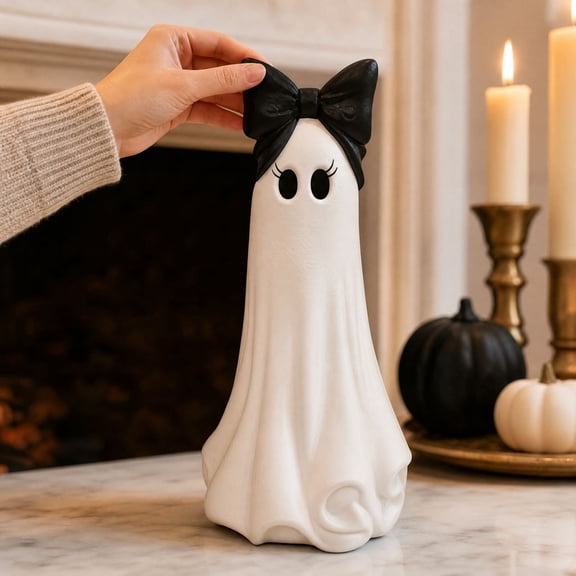 Miwamany Cute Ghost Ornament with Halloween Bow, Resin Tabletop Figurine for Entryway Shelf Display, Weather Resistant Spooky Statue for Home Mantel Party Decor