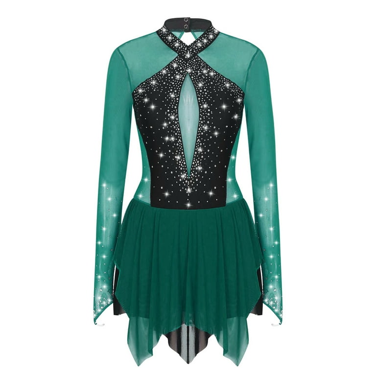 green ice skating dress Figure Skating Dress Women's Girls' Ice Skating Dress Black Red Blue Mesh Spandex High Elasticity Training Practice Competition Skating Wear Crystal /