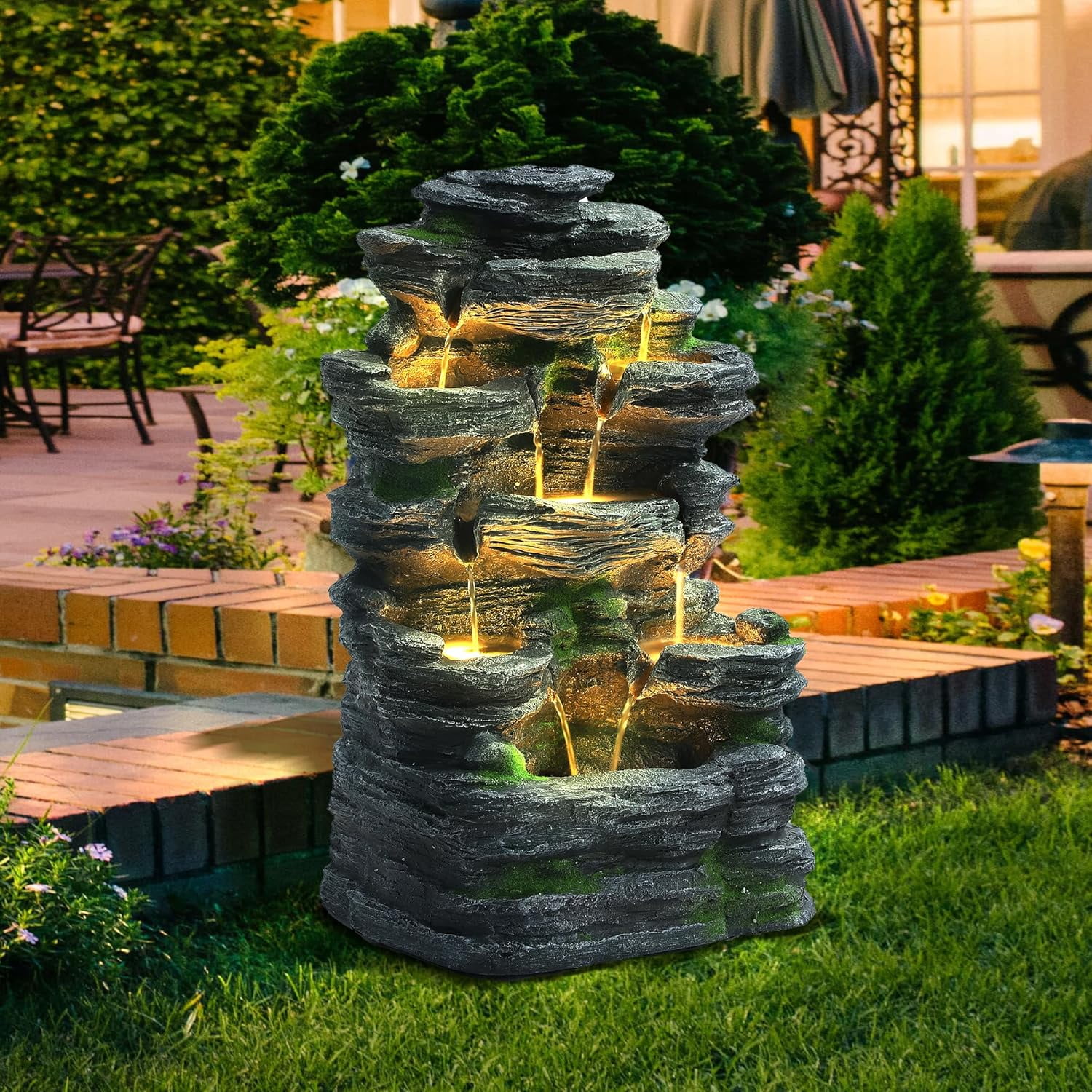 Outdoor Cascading Stone Water Fountain, 7-Tier Floor Natural Looking Rock Fountains with LED Pump Moss Decor, Freestanding Resin Fountain and Cascading Water Feature for Patio Garden, Grey