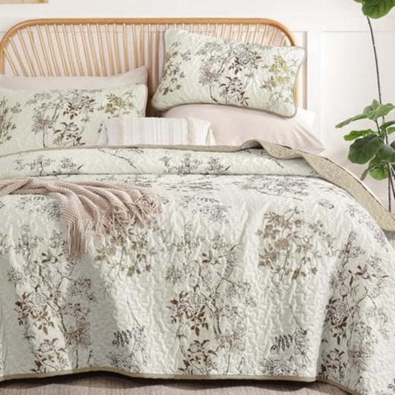 Floral Quilt Set Queen3 Piece Brown Botanical Leaf Butterfly Pattern Bedspread Coverlet Set Soft Beautiful Farmhouse Plants Quilts Bedding Set