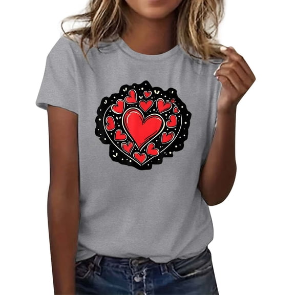 Womens Valentine'S Day Shirts Fashion Short Sleeve Print Round Neck Daily Wear Ladies Clothing,Grey,3XL
