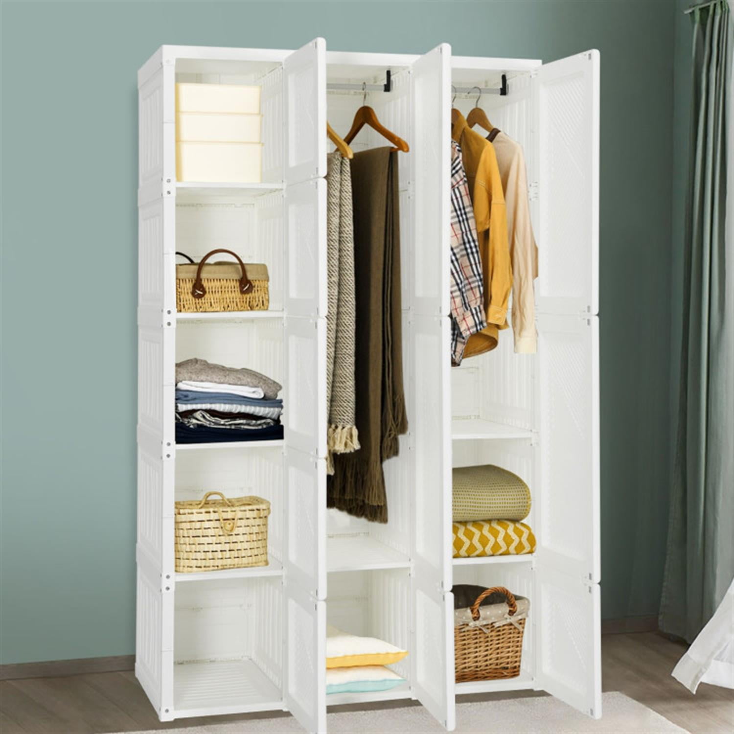 Demi Bonn Foldable Bedroom Armoire Portable Wardrobe Closet Clothes Storage Organizer with 10 Cubes, Magnet Doors, White