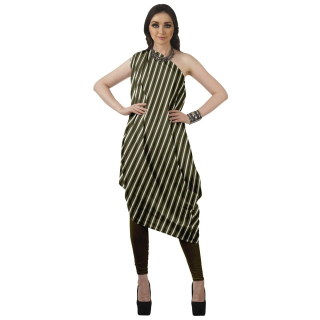 Moomaya Robe Kurti à une Épaule Imprimée pour Femme, Sans Manches, à Col Bénitier, Style Bohème, Tenue de Soirée de Designer