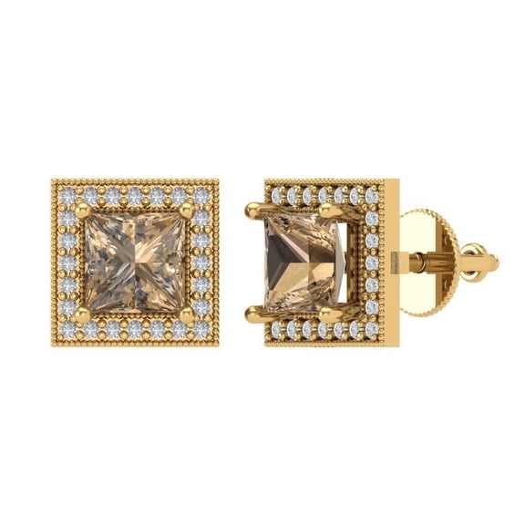 2.24 ct Screw-Back Stud Earrings for Women | 5.5mm Princess Cut Simulated Champagne Diamond | 18K Yellow Gold