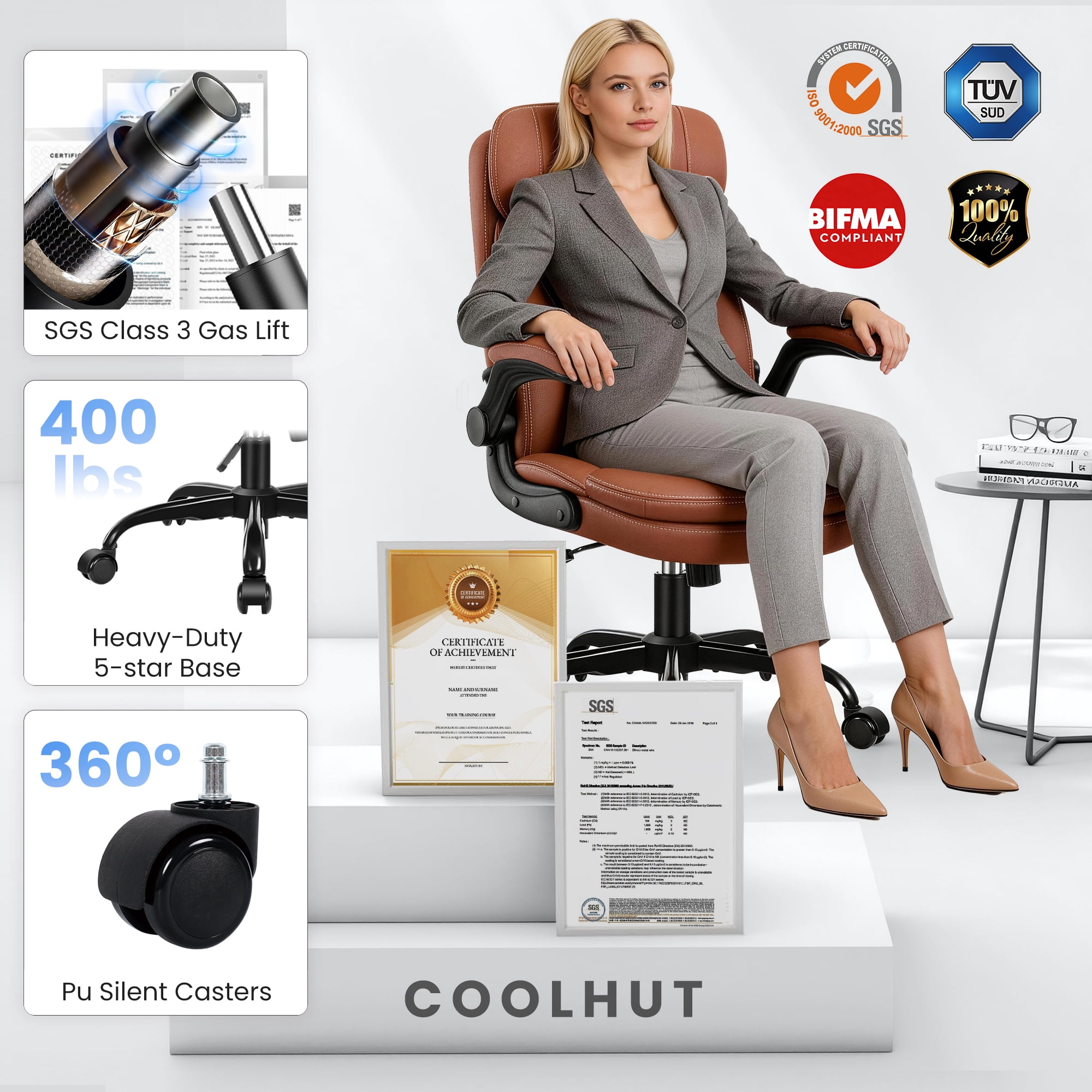 COOLHUT 400LBS Big and Tall Office Chair, Executive PU Leather Desk Chair Thick Seat Cushion and Neckrest, Support 8 Hours Heavy Duty Design, 8-Years Warranty, Brown