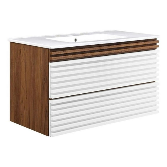 Modway Render 36" MDF Wood Wall-Mount Bathroom Vanity in White/Walnut