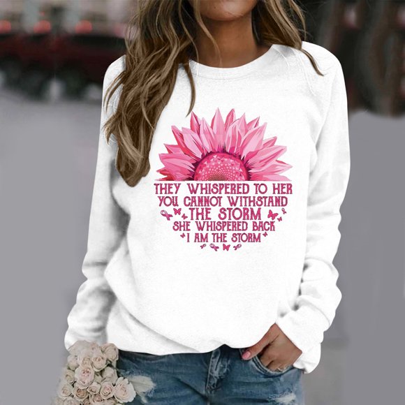 Fartey Breast Cancer Inspirational Shirts for Women 2025 Fashion Fall FleeceLong Sleeve Crew Neck Pullover Tops Funny Sunflower Pink Ribbon Graphic Sweatshirts,White,3XL