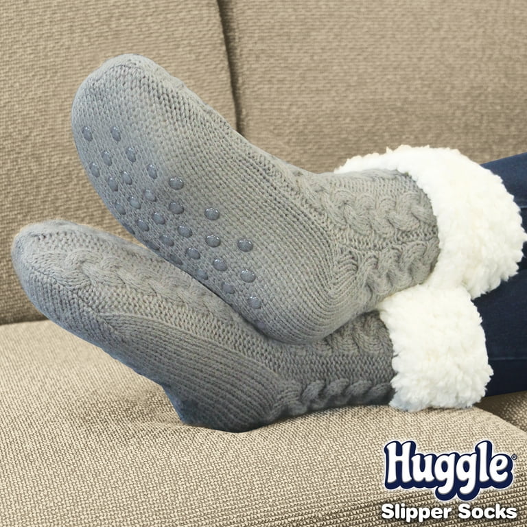 Huggle Socks, Fleece Slipper Crew Socks with Non-Slip Grips, One Size  Unisex, Gray
