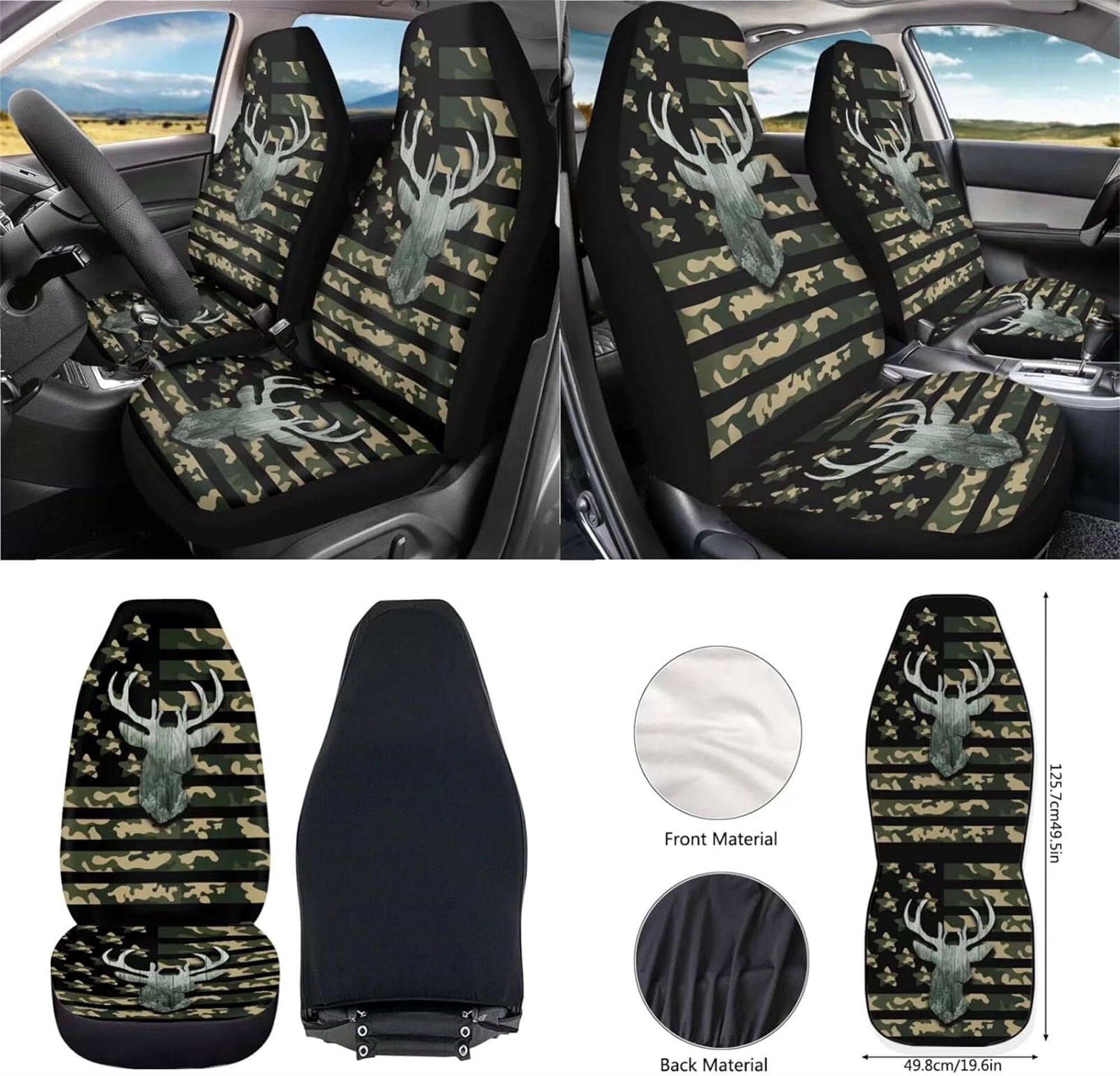 Jeiento Deer 12 Pcs Car Seat Cover Set with Front Car Seat Cover Steering Wheel Armrest Cover Seat Belt Pads Garbage Can Air Vent Pouch Rearview Mirror Cover Coaster Keychain American Flag Camo