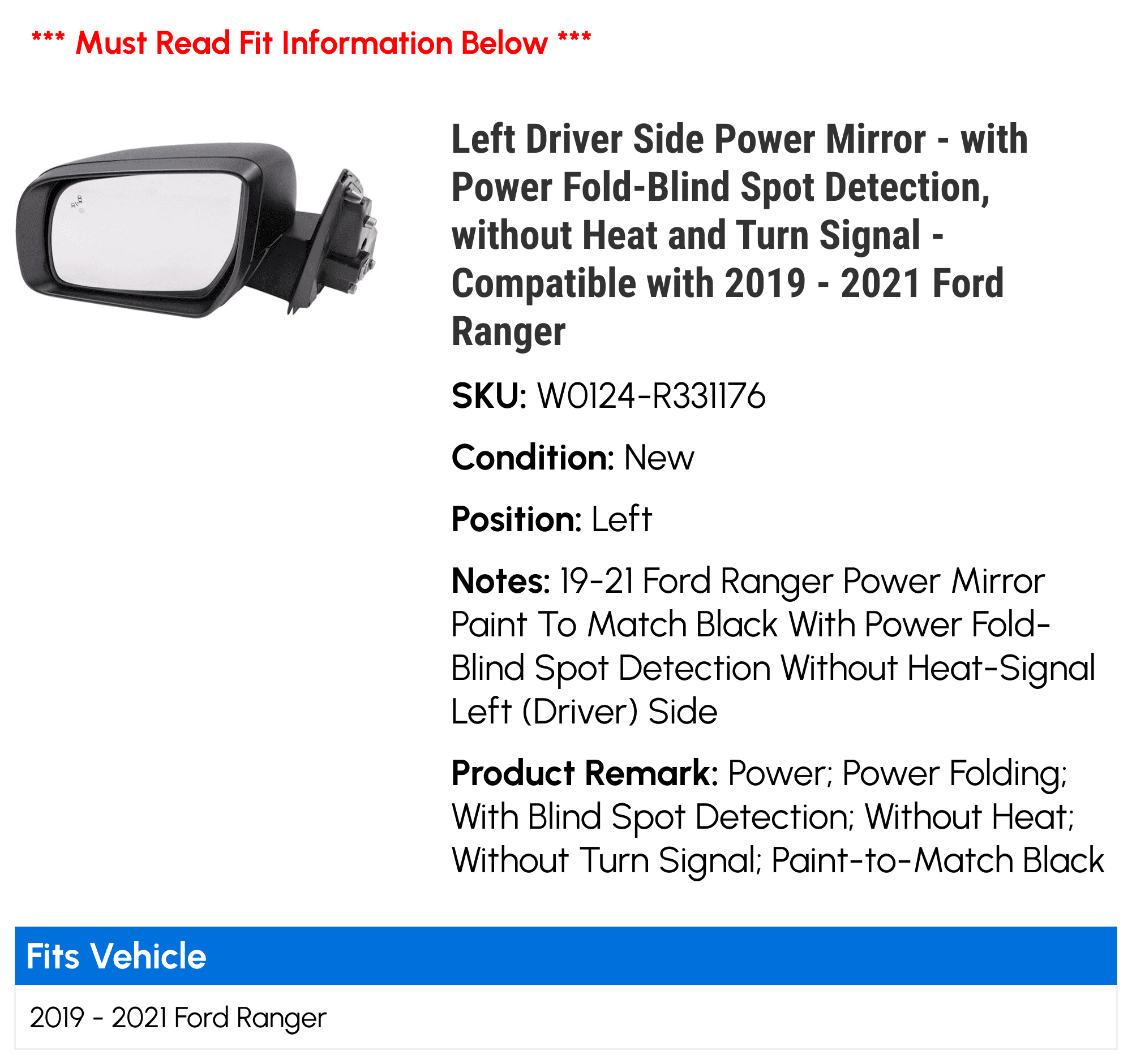 Left Driver Side Power Mirror - with Power Fold-Blind Spot Detection, without Heat and Turn Signal - Compatible with 2019 - 2021 Ford Ranger 2020