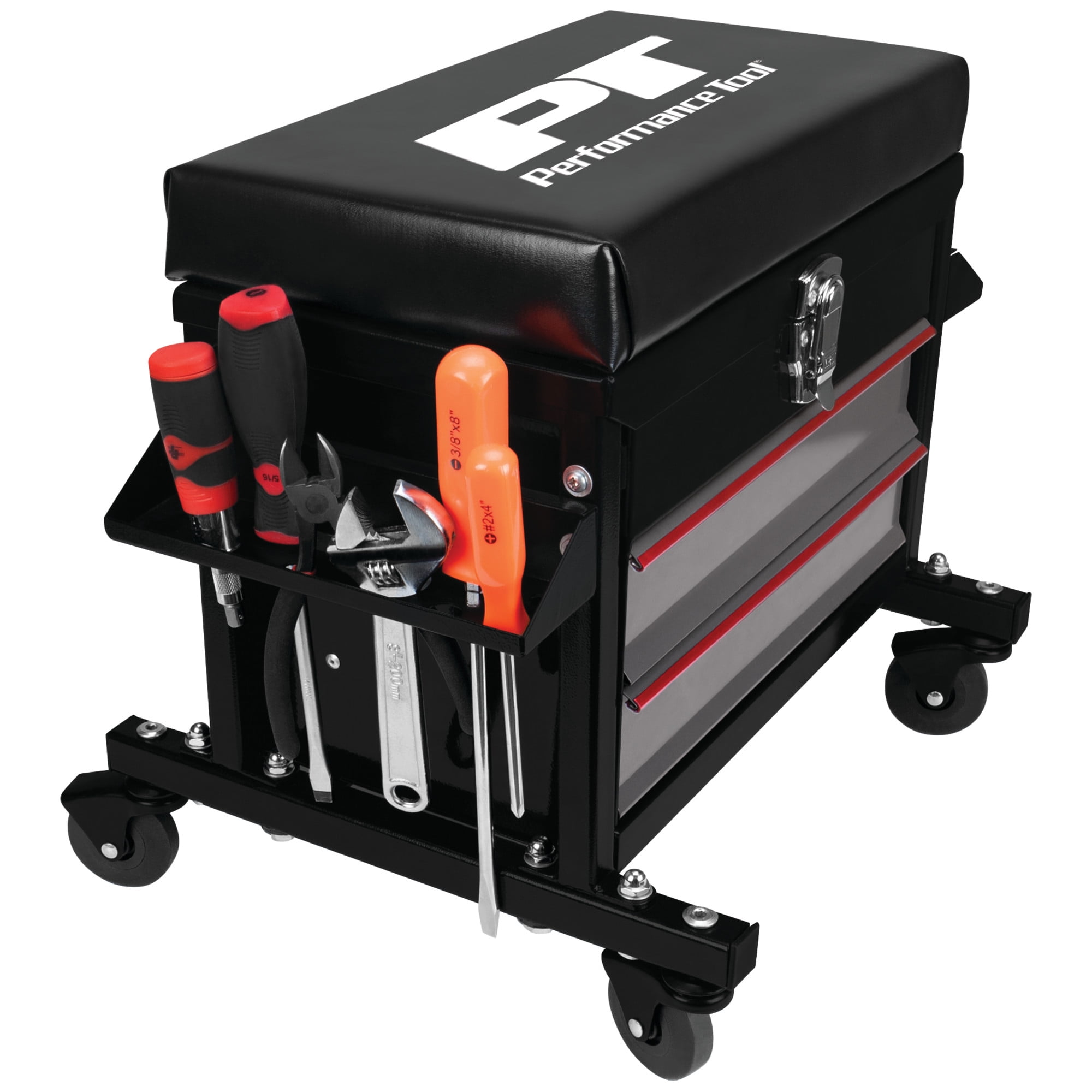 Performance Tool W85024 Drawer 2-Drawer Rolling Toolbox Work Seat - For Mechanic Garages and Workshops, 16x9-inch Seat, Black