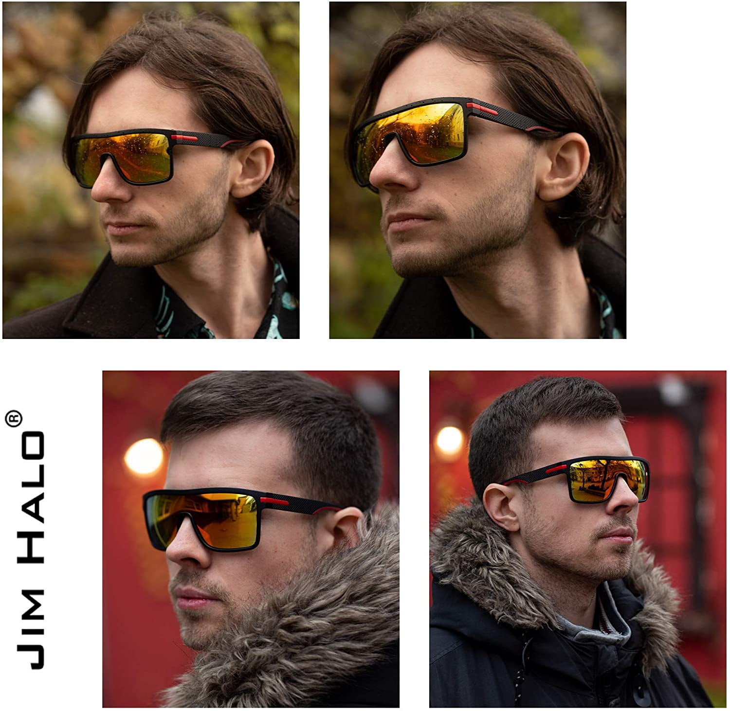 JIM HALO Men's Polarized Shield Sunglasses Oversized Flat Top Square Glasses  (Black Frame / Polarized Flash Orange Lens) 
