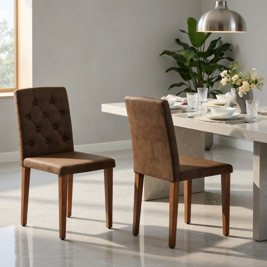 Hommoo 2-Pack Tech Fabric Dining Chairs with Ergonomic Buckle Backrest, Walnut Metal Legs, 35-inch Height, Modern Restaurant & Home Dining Seating, Brown