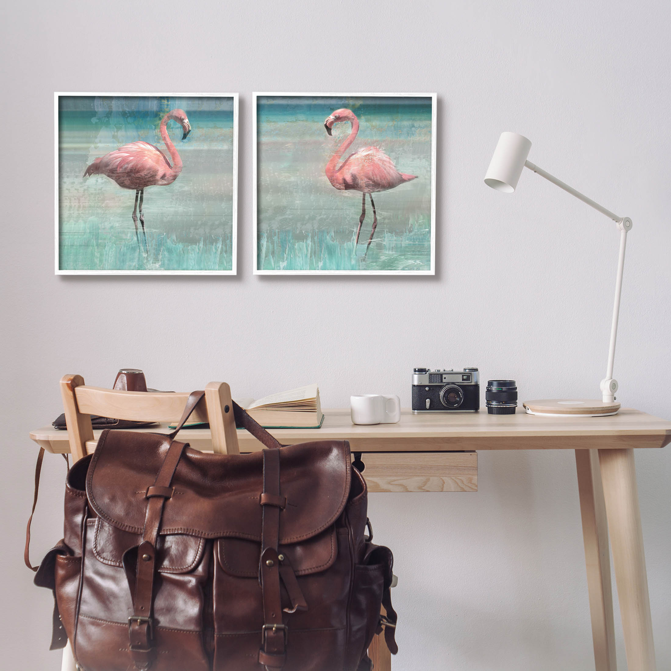 Stupell Industries Tropical Flamingoes Grazing Graphic Art White Framed Art Print Wall Art, Set of 2, Design by Nan