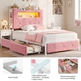 thumbnail image 6 of Hijob Twin Size Bed Frame for Girls/Kids with 2-Tier Storage Headboard, Velvet Upholstered Platform Bed with 2 Storage Drawers, Built in Charging Station & LED, Pink, 6 of 13