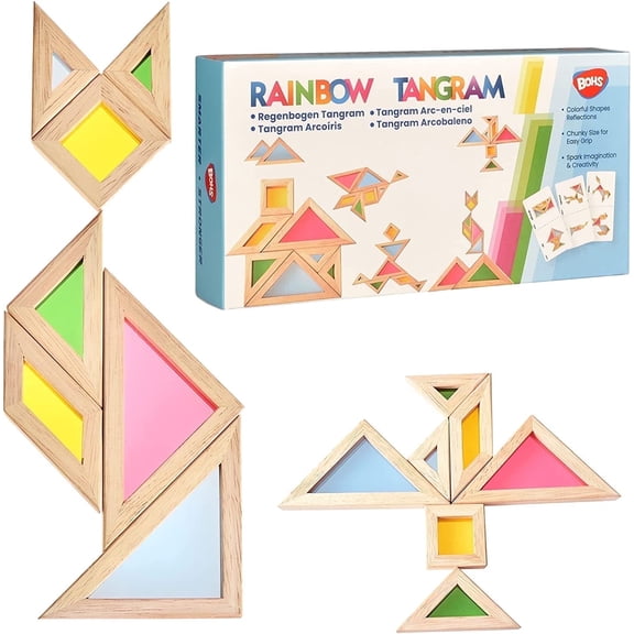 BOHS Translucent Tangram with Multilingual Activity Cards, 1 inch Thick, Educational Toy for Preschool Kindergarten, Light Table & Window Play