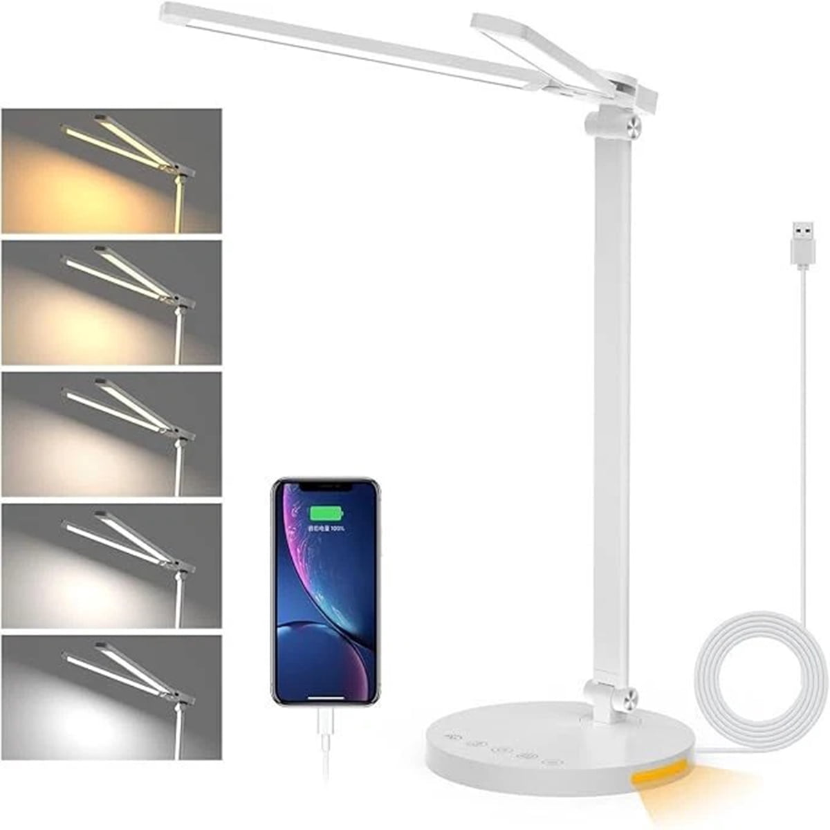 Eurhowing Dual-Head LED Desk Lamp, 10W USB Charging Lamp, 5-Level & Timer Eye-Caring Desk Light for Gaming, Office, Study