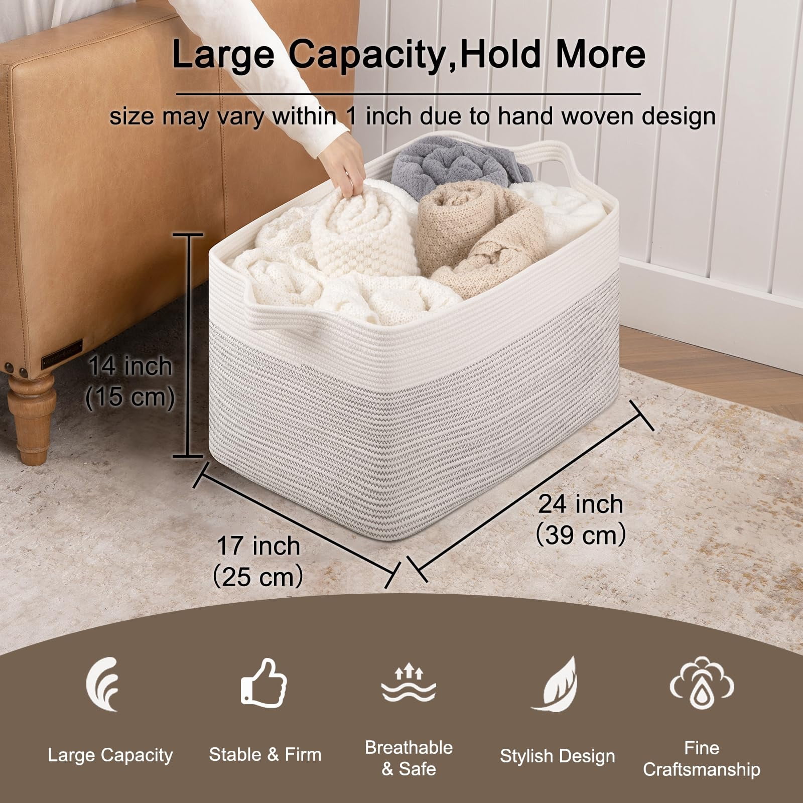 Extra Large Blanket Basket, 95L Woven Storage Basket, Cotton Rope Toy Bin for Baby Room, Container for Storage in Living Room, 24''×17''×14'', Black & White