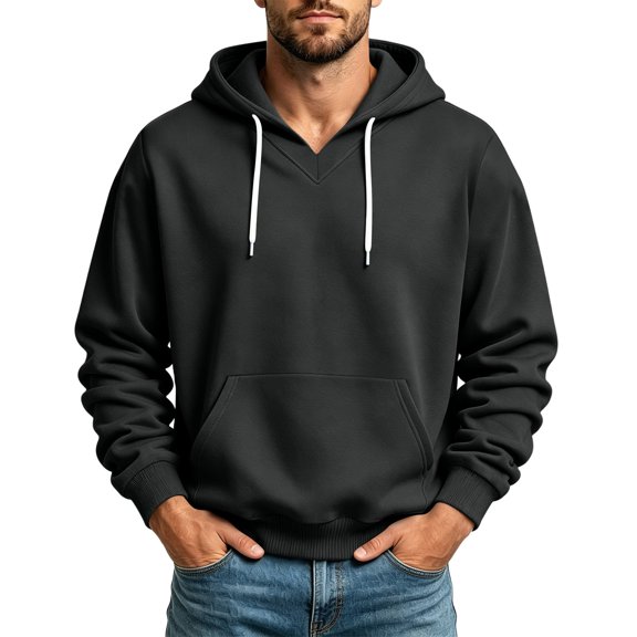 hoksml Men's Pullover Hoodie Solid V Neck Drawstring Hooded Sweatshirt for Fall Winter Daily Work Outdoor Comfort