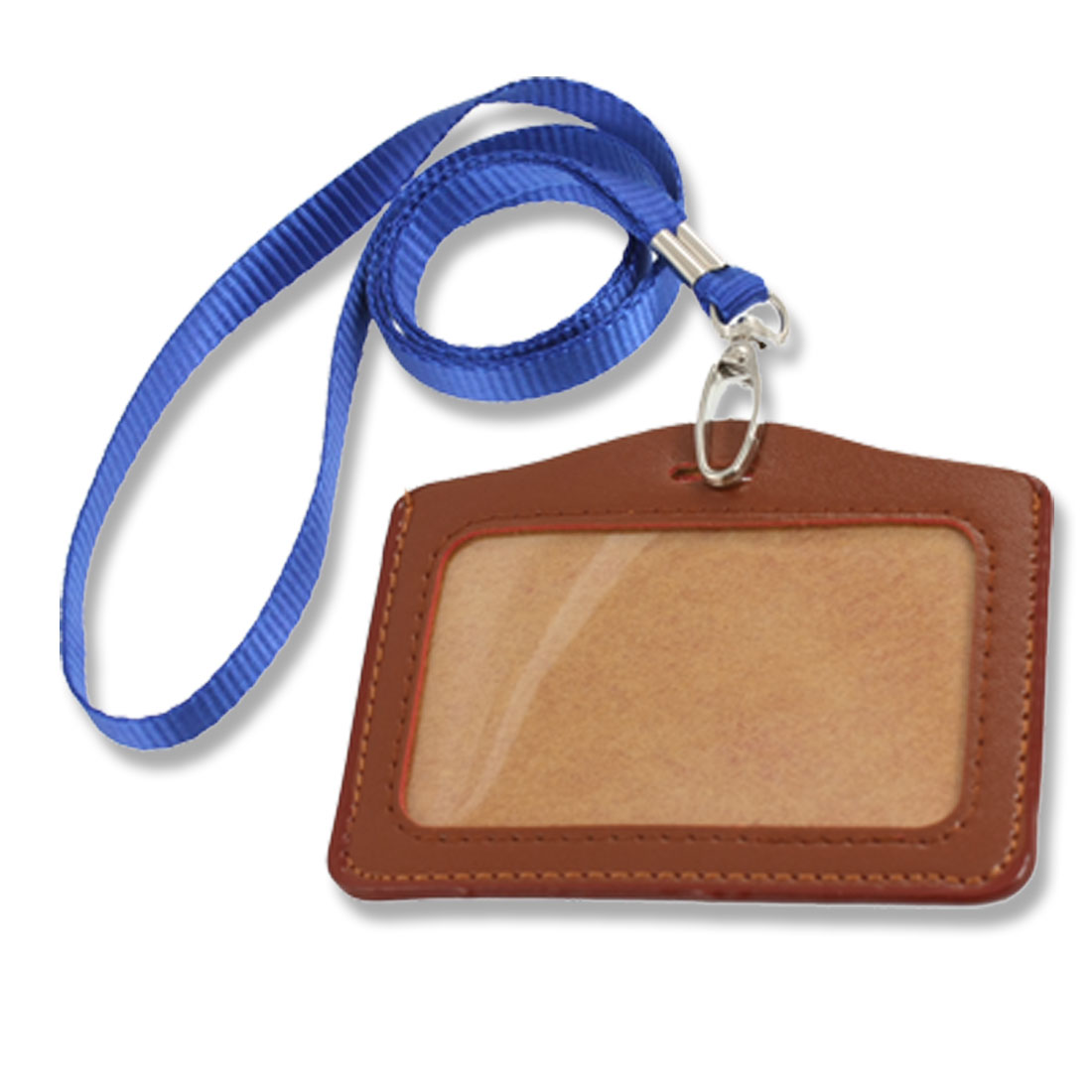 Office Faux Leather Horizontal ID Name Card Badge Holder Brown w Neck