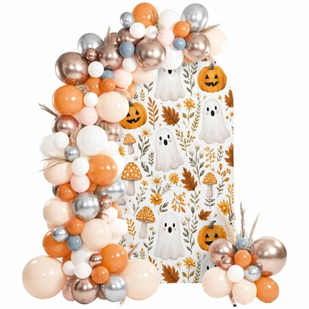 Halloween Arch Backdrop Cover 6Ft, Wedding Arch Covers Stretchy Backdrop, Ghost Pumpkins Mushroom Leaves Holiday Fitted 2 Sided Arched Photo Background for Birthday Party Decorations