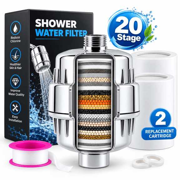 punada 20-Stage Shower Filter for Hard Water, High Output Shower Head Filter with 2 Replacement Cartridges, Improves Shower Experience & Water Feel, Polished Chrome