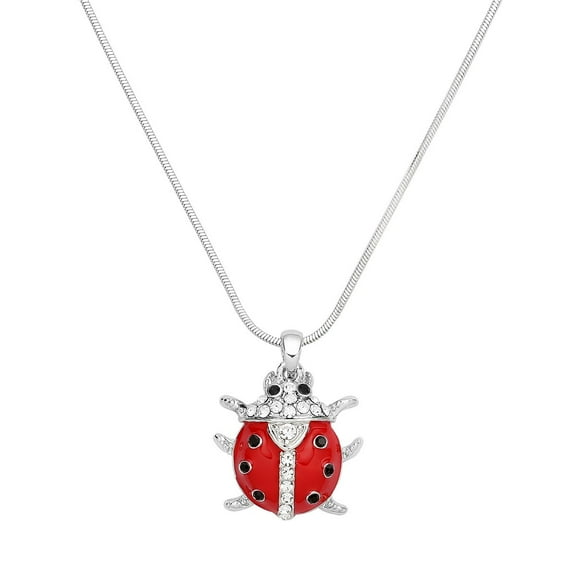 Ladybug Pendant Necklace Earring Hand Painted Rhinestone Crystal Rhodium Plated 17 Inch Snake Chain J1118