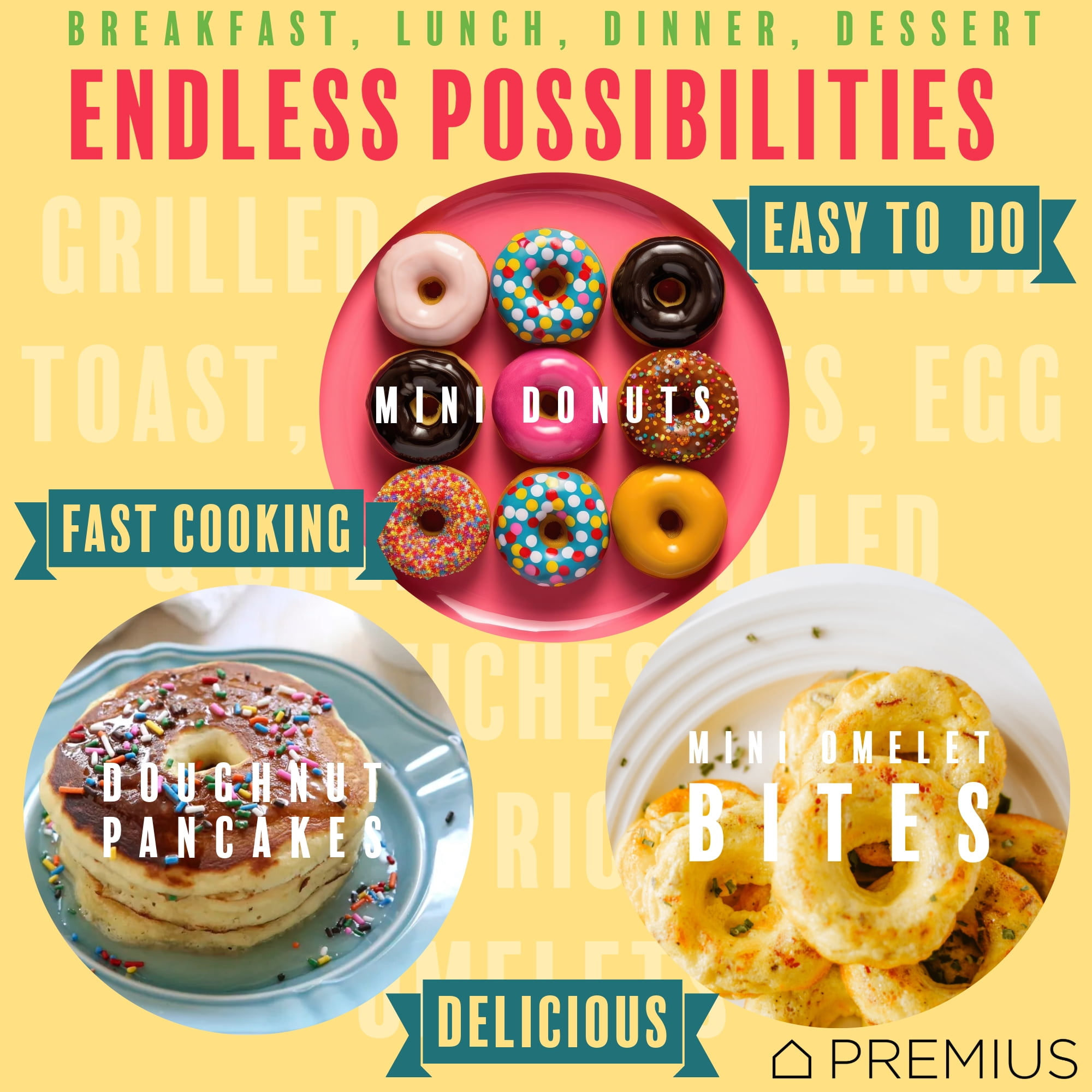 PREMIUS Ceramic Non-Stick Mini Snack Donut Maker, Turquoise, 2 Inch Mold, 4 Count