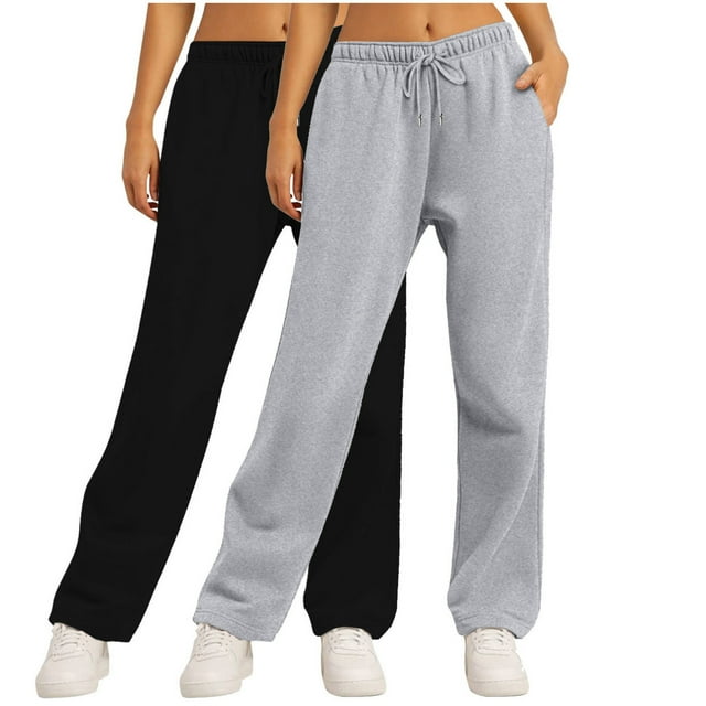 FAIWAD 2pc Straight Leg Sweatpants for Women Solid Color Elastic Waist Loose Jogger Pants with Drawstring