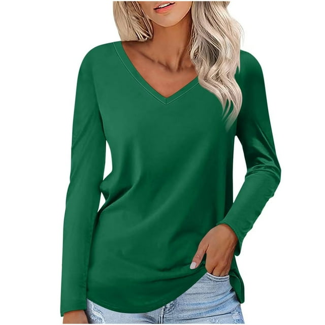 Timegard Hauts pour Femmes Col en V Manches Longues T-Shirt Basique Couleur Unie Blouse Confortable Tunique Décontractée d'Automne