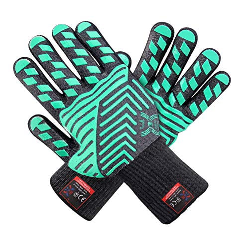 Black Cutting Welding Baking Kitchen Air Jade Heat Resistant BBQ Grill Gloves,Double Layers Protection Non-Slip Oven Mitts for Cooking