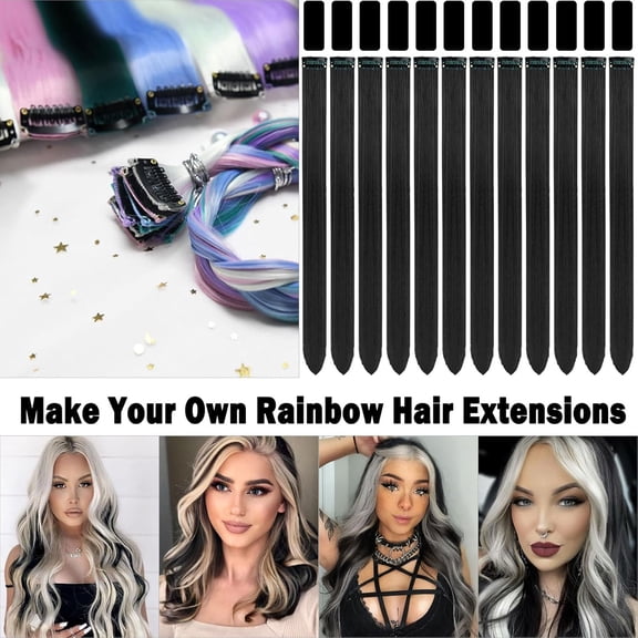 WEIF-12 PCS Black Hair Extensions Clip in, 22 Inch Colored Hair Extensions Party Highlights Long Straight Synthetic Hairpieces for Women Kids Girls