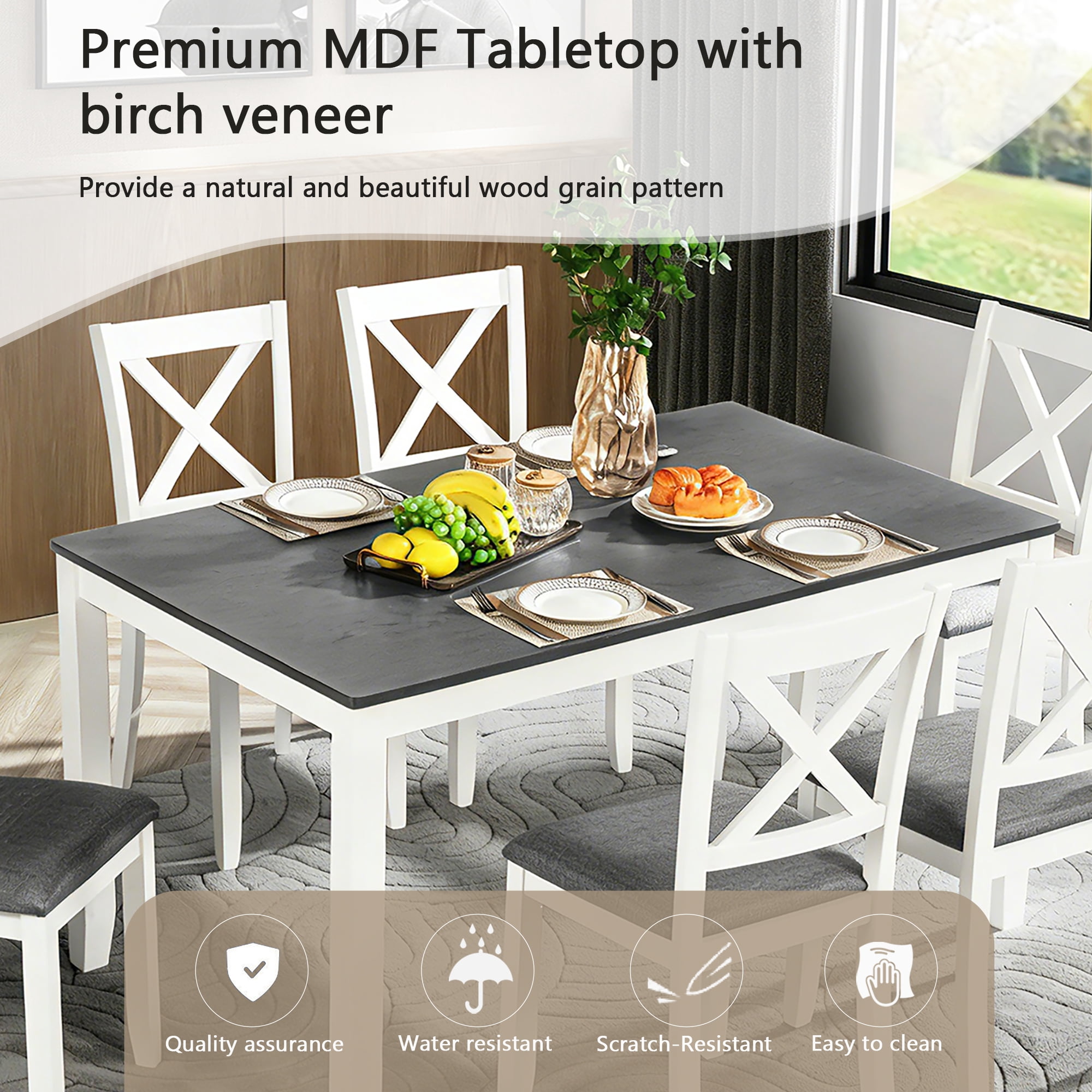 7 Piece Dining Set for 6, 58.5" Rectangular Dining Table with 6 Upholstered Chairs