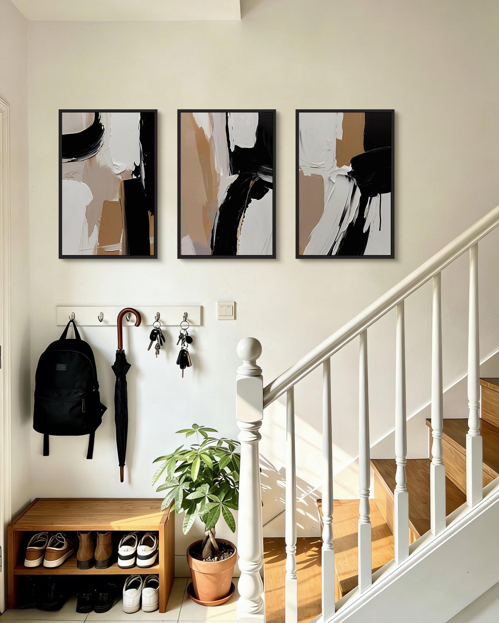 SHENIFY Large 24x36in3pcs Natural Framed Black Abstract Shapes Canvas Wall Art Minimalist Graffiti Pastel Wall Decor Modern Illustration Art Painting Home Decor