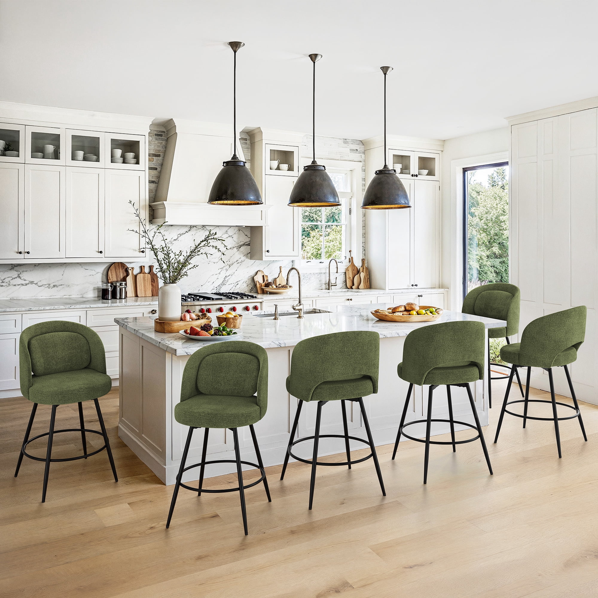 Carolayne 26.5" Swivel Bar Stools Set of 4, Modern Fabric Counter Height Bar stools with Back & Removable Cushion for Kitchen Island, Green