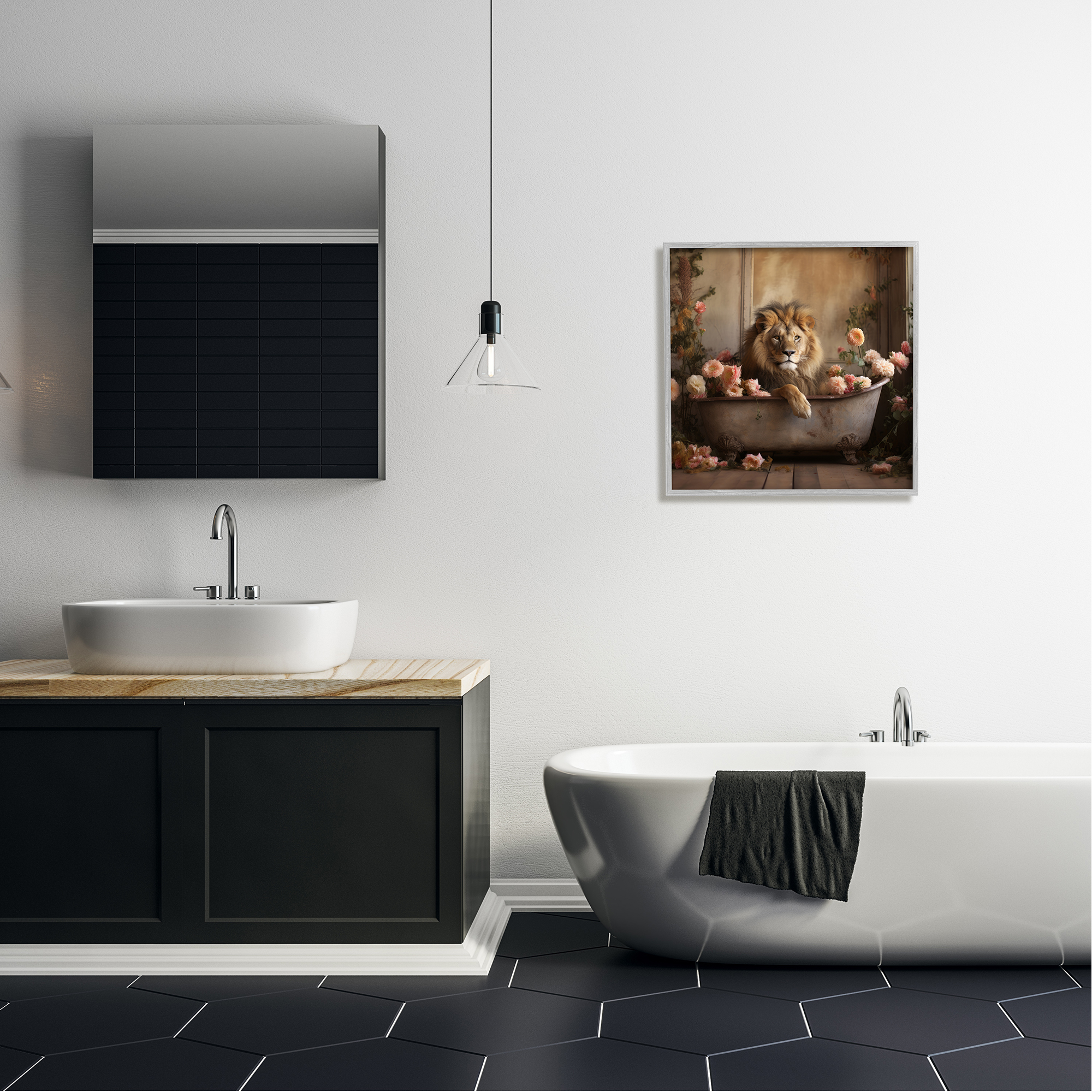 Stupell Industries Lion in Flower Filled Tub Animals & Insects Painting Gray Framed Art Print Wall Art, 24 x 24