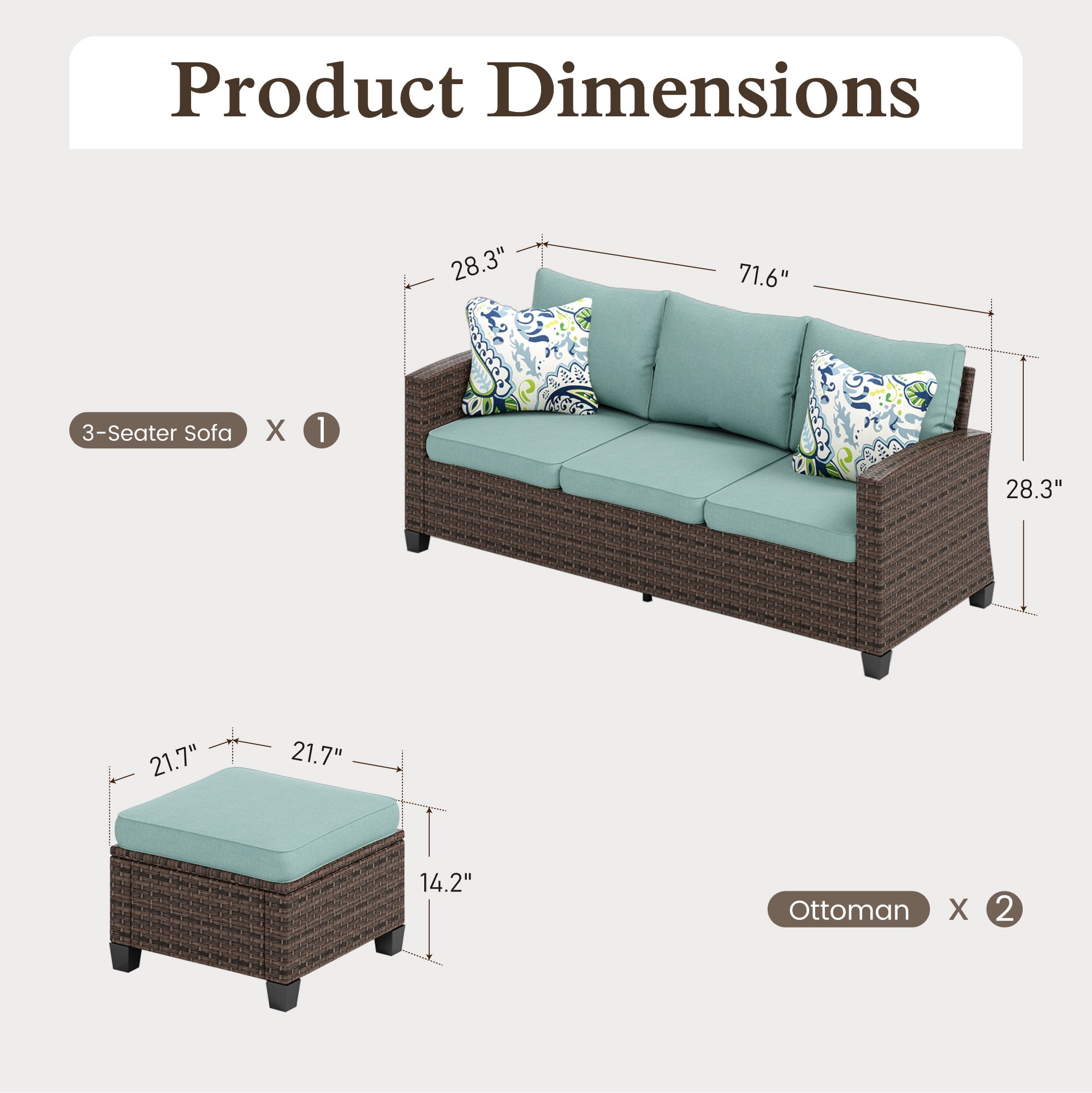 Sophia & William 3 Pieces Wicker Patio Furniture Set Outdoor Couch with 2 Ottomans and Blue Cushions