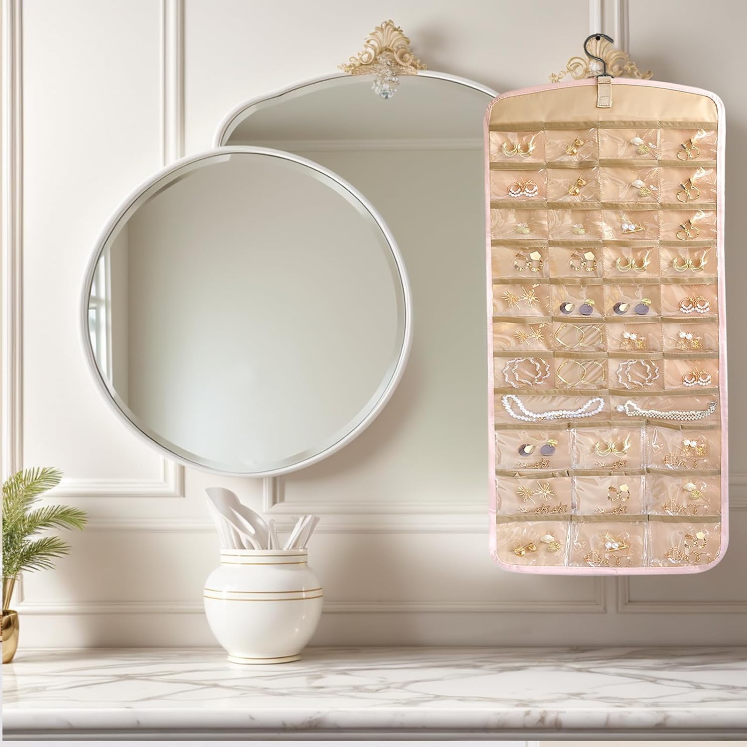 Hanging Jewelry Organizer Storage Roll with Hanger Metal Hooks Double-Sided Jewelry Holder for Earrings Necklaces Rings on Closet Wall Door, 1 piece